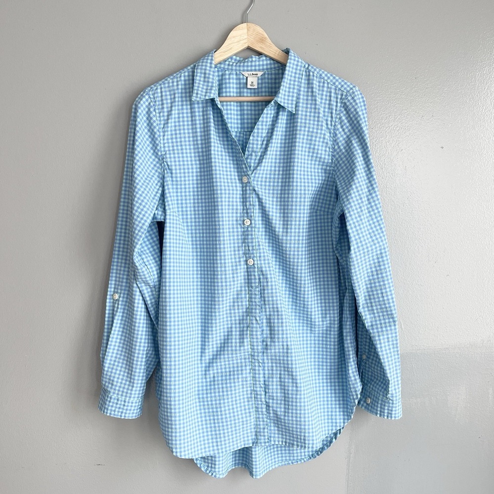 LL Bean Travel Tunic Women's Blue Gingham Plaid Shirt Long Sleeve Roll Tab M